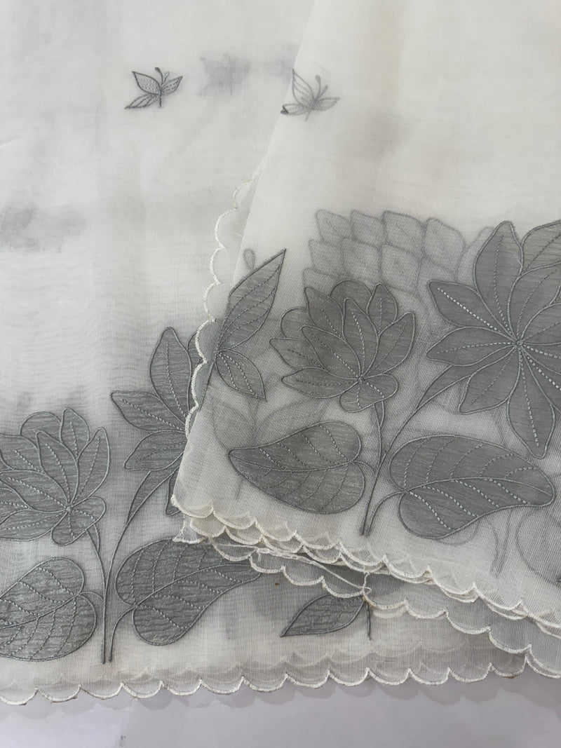 Tissue mix soft silk saree with applique work MTSS5432 White to Grey