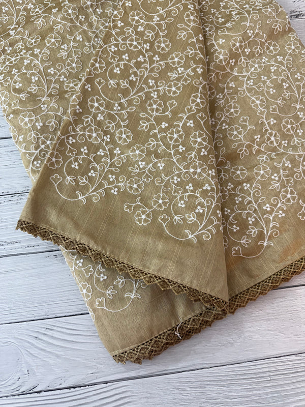 Art silk saree with white thread embroidery SVTS28- Chikoo
