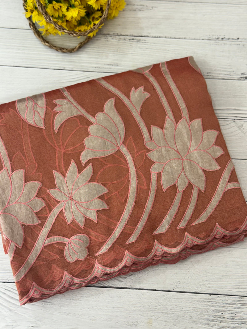 Dual tone Crush silk Organza Applique work saree MS14567- DuskyRustPeach