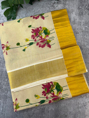 Kerala tissue cotton saree - lotus prints