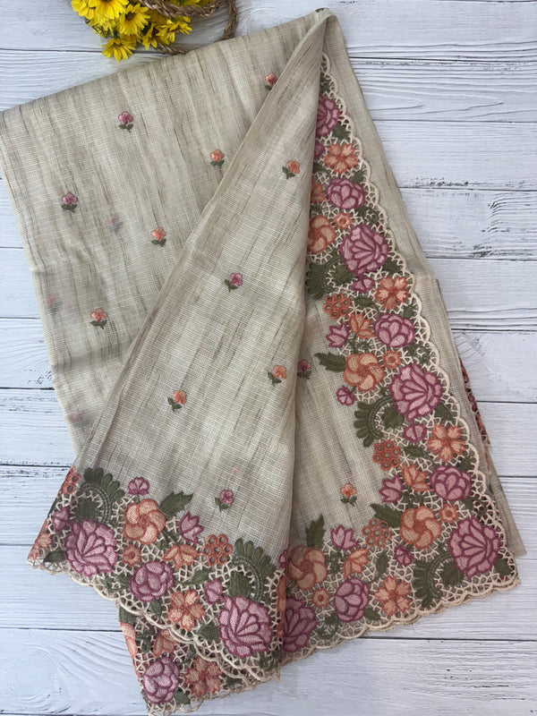 Embriodery Kota Silk Cutwork saree FBLK100 - Beige