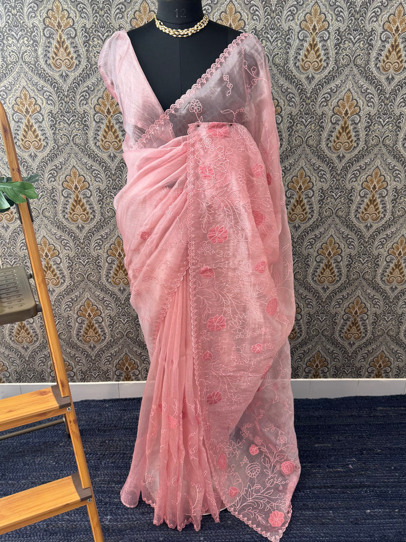 Tissue Organza Applique work saree MS14053- PeachPink