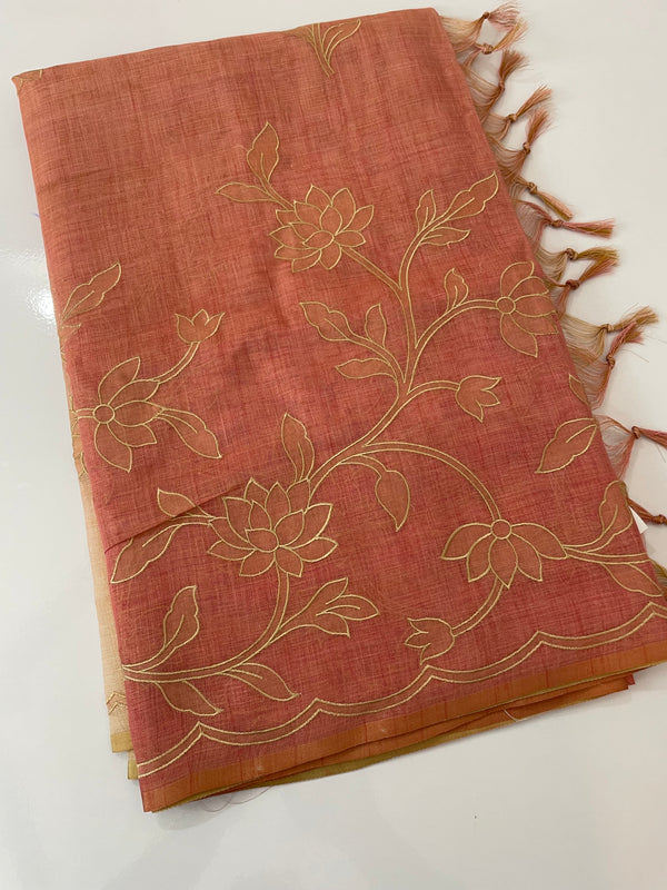 Ombre Soft Tissue linen saree with appliqué work MSL875