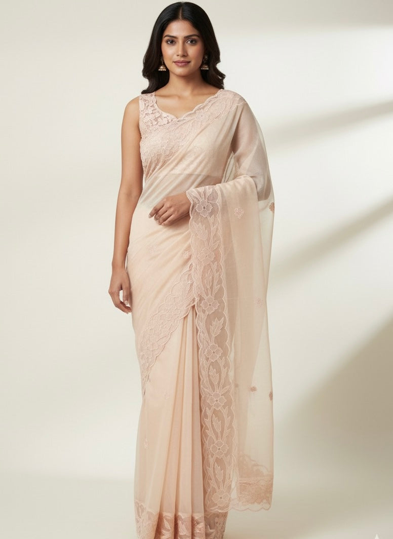 Mul chanderi saree with applique borders MSH111 PastelPeach