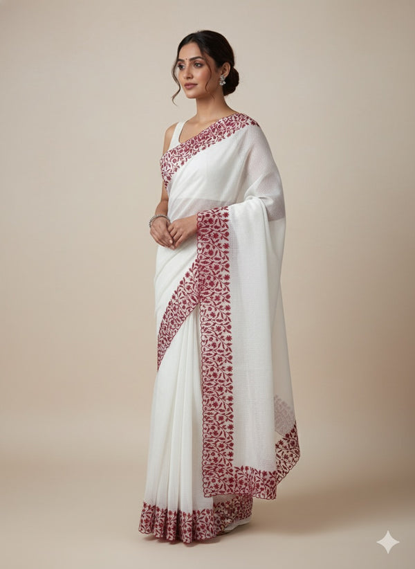 Kota silk saree with embroidery MSB643 White & Red