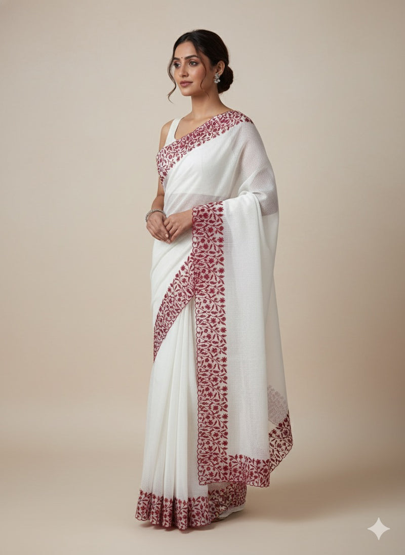 Kota silk saree with embroidery MSB643 White & Red