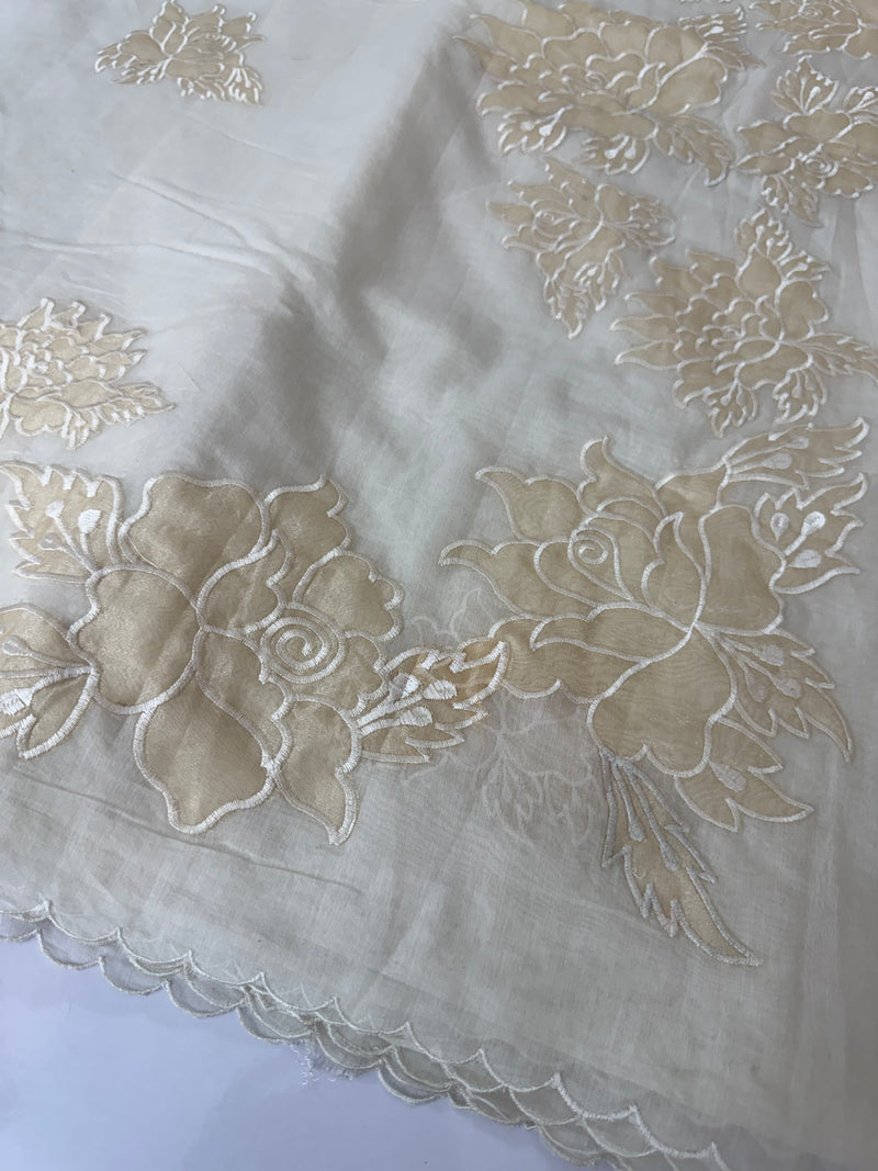 Mul chanderi applique work saree  MSH115 - Offwhite to Beige