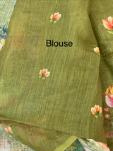 Digital printed semi Linen Saree MLS711- OliveGreen
