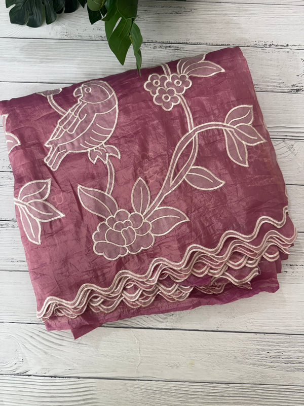 Crush Organza Applique work saree MS14987- OnionPink