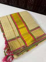 Kerala Golden tissue saree Lines - Pink & Green