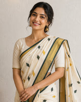Handloom finish Kerala cotton saree- BottleGreen