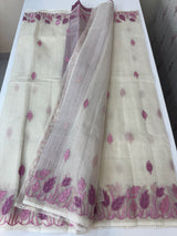 Tissue silk saree with zari checks and applique work  MSH105- Offwhite to PinkLavender