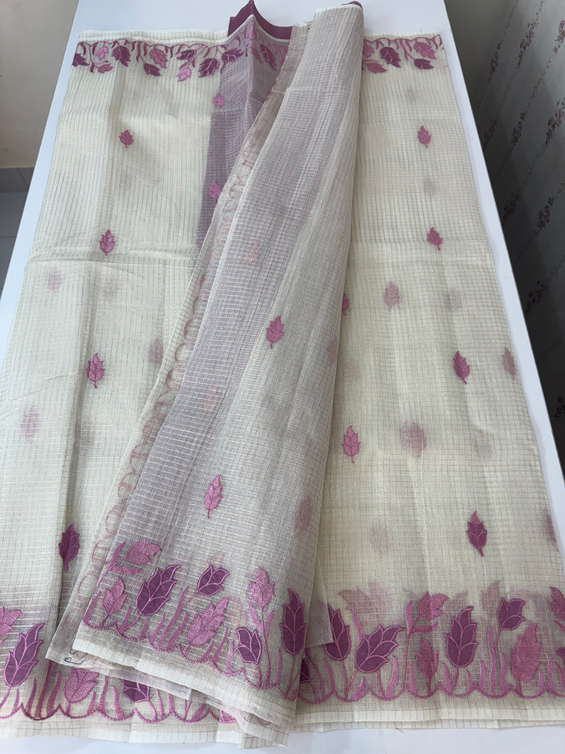 Tissue silk saree with zari checks and applique work  MSH105- Offwhite to PinkLavender