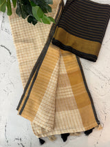 Linen checks saree with zari border MLS9766- Cream & Black