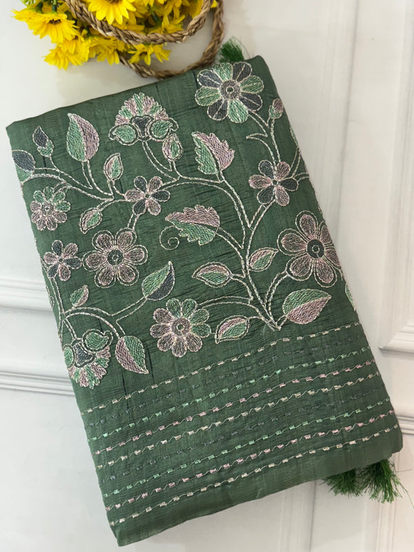 Crushed Blended tussar silk saree with embroidery- SNFCYEY JadeGreen