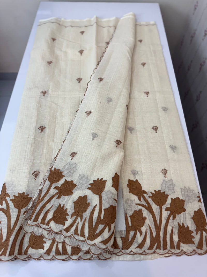 Jute Linen Applique work saree  -MSH128 Offwhite to Caramel