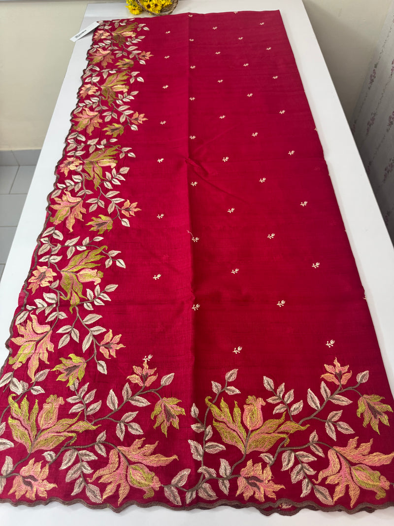 Crushed Blended tussar silk saree with embroidery- SNFCYEY- DarkPink