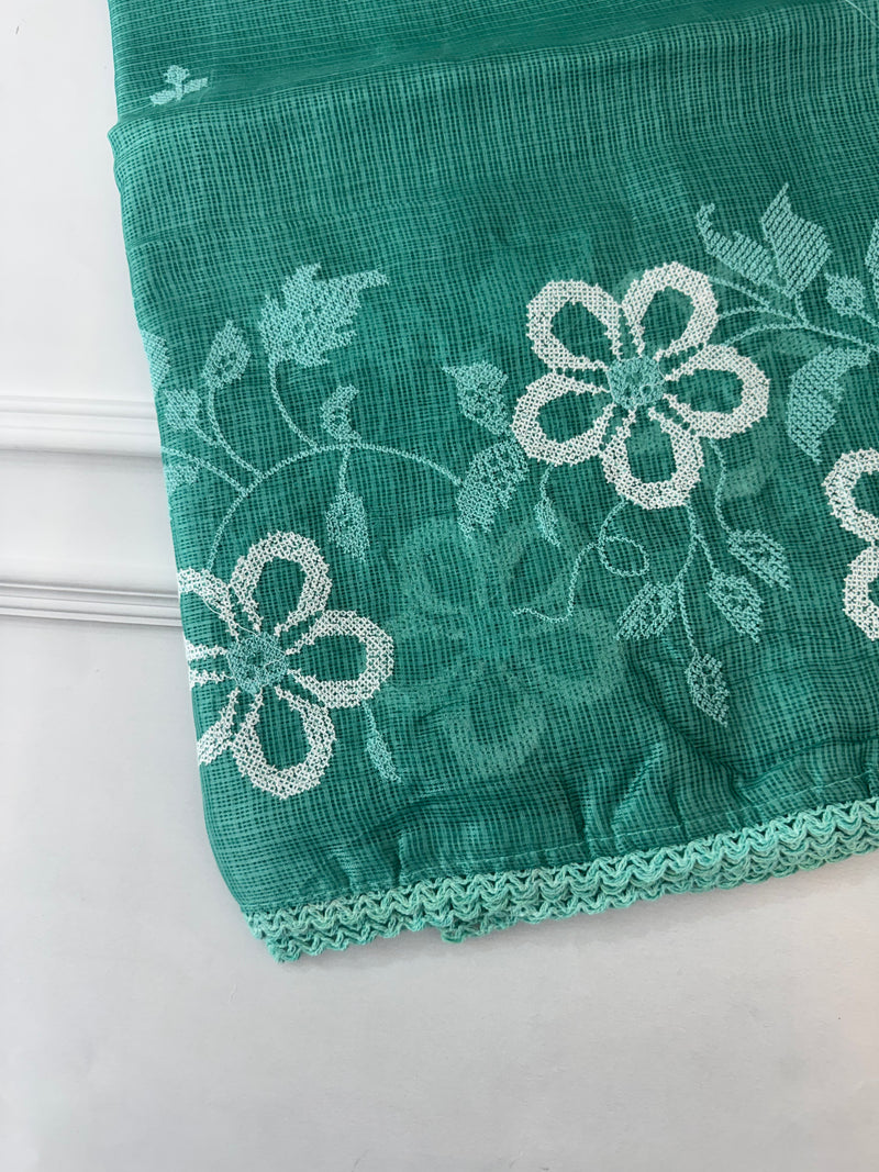 Soft kota checks saree with embroidery MSKC352 BlueGreen