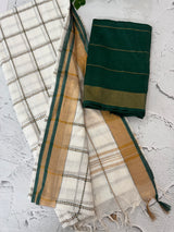 Linen big checks saree with zari border MLS9767- BottleGreen