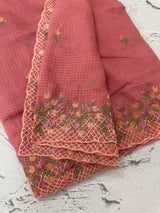 Soft kota checks saree with embroidery  - MS7843 Peach