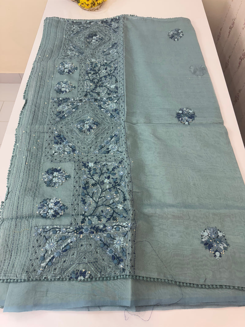 Handworked Tissue silk saree with French Knots FBLK162 DuskyBlue