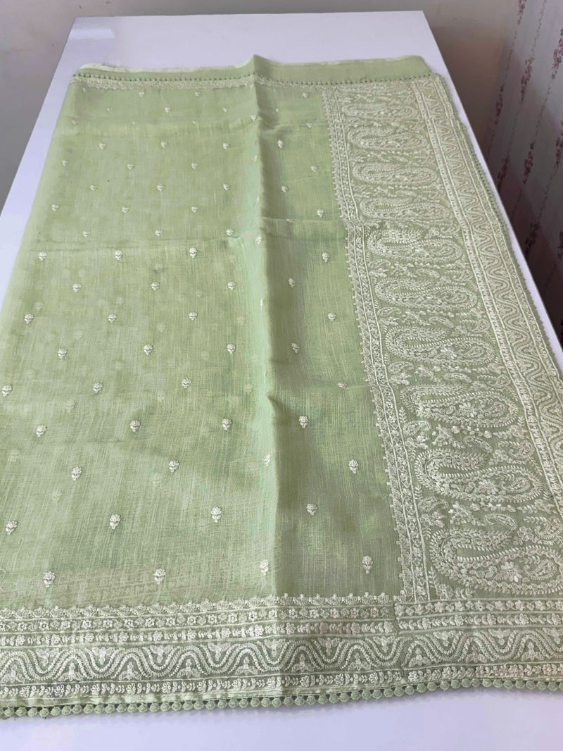 Semi linen saree with chikanakari embroidery- MS15086 PastelGreen