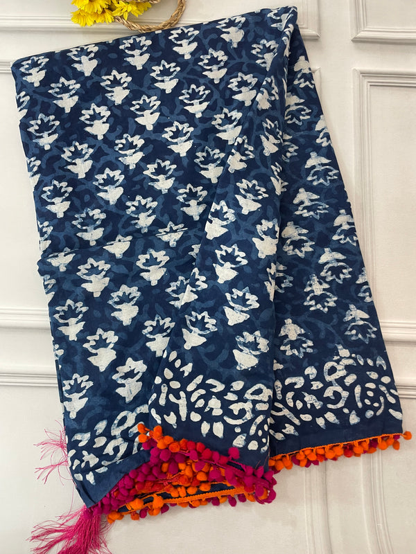 Pure mul cotton hand block printed saree SKSRMY