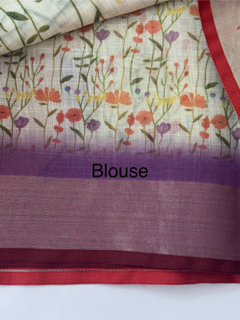 Handworked floral digital printed semi Linen Saree MLS611
