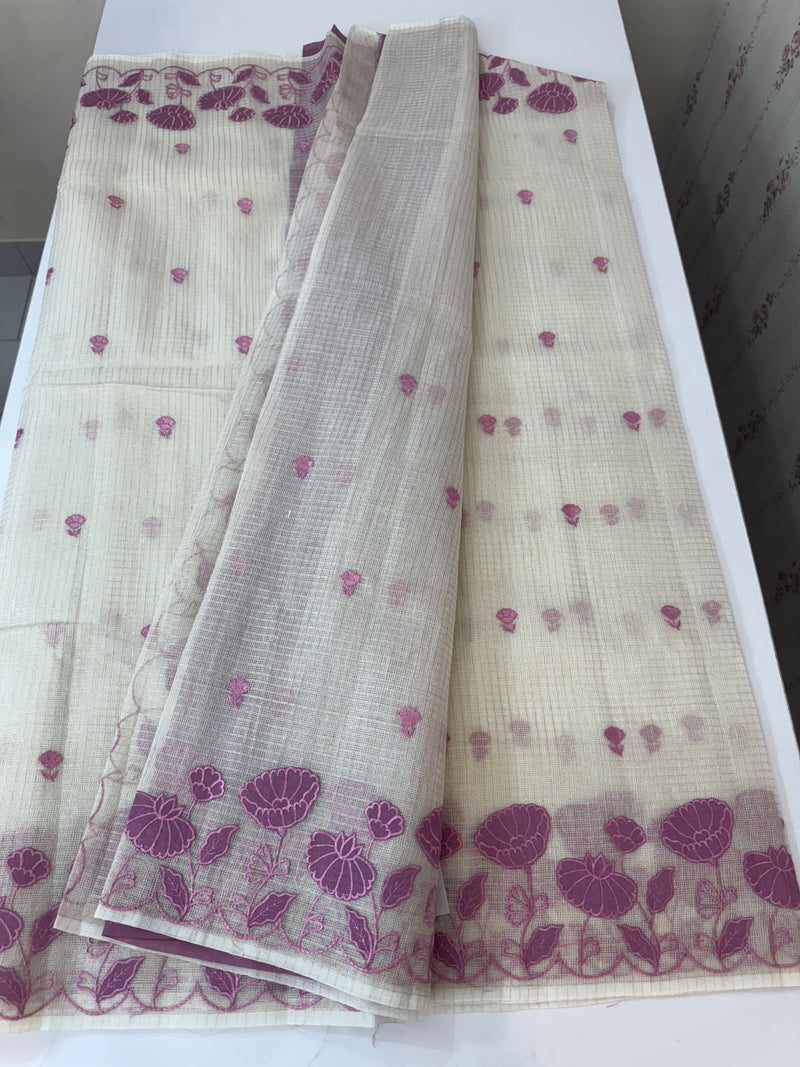 Tissue silk saree with zari checks and applique work  MSH105 -Offwhite to Pinklavender