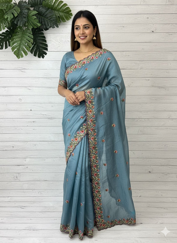 Crush Organza embroidery saree MS14567 DeepBlue
