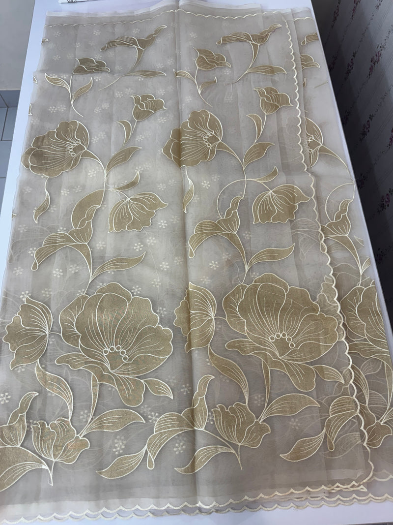 Organza saree with tissue applique work MS5081- CloudGrey