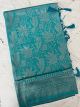 Silver zari woven soft silk saree with brocade blouse MSB5666 SeaBlueGreen