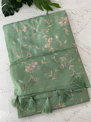 Tussar finish soft silk saree with thread embroidery MTS568 DustyGreen