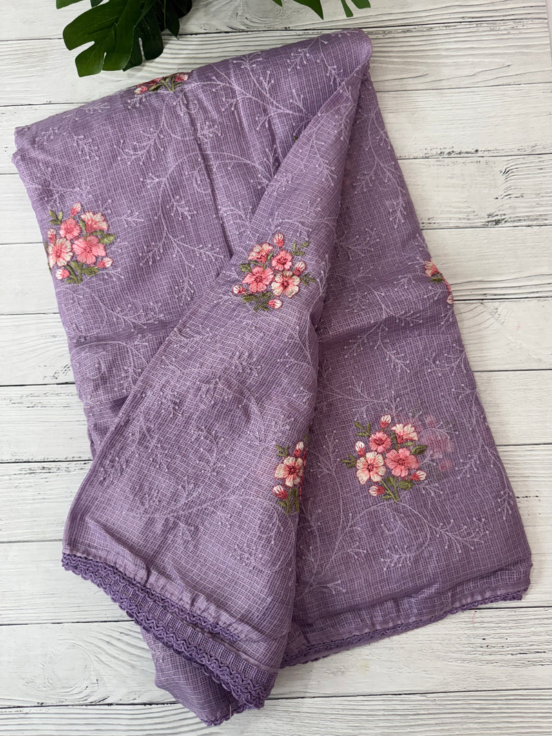 Soft kota checks saree with embroidery - SVPIRR Lavender