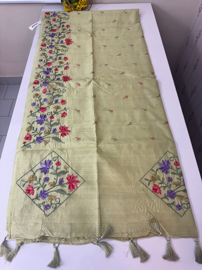 Crushed Blended tussar silk saree with embroidery- SNFCYEY - PastelGreen