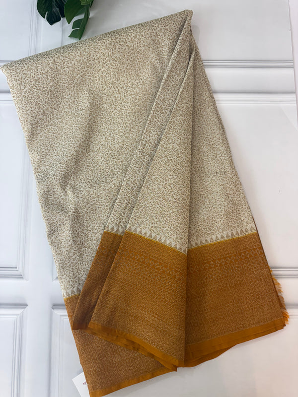 Semi katan Banarasi saree with antique zari weaving MSKZ250 Offwhite & Mustard