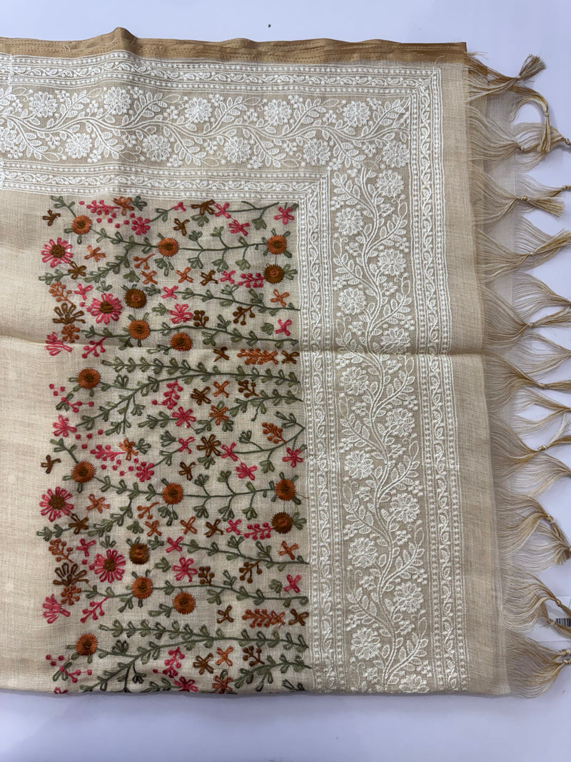 Tissue linen saree with chikankari borders MLS8976