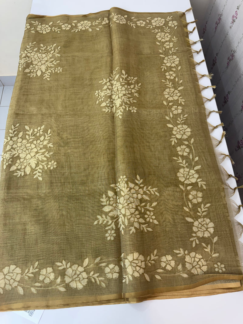 Tissue Linen Saree with applique work MRS890