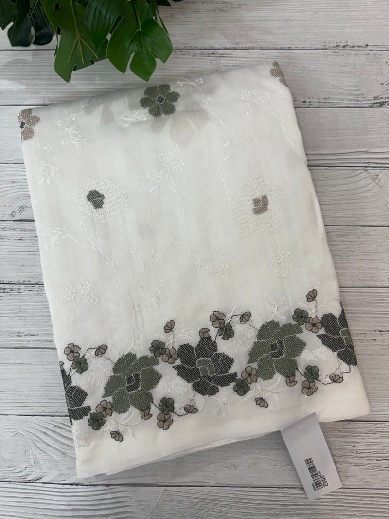 Crushed Blended tussar silk saree with cross stitch embroidery- MSB7979 White