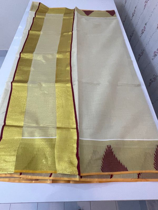 Kerala gold tissue saree with temple border- Maroon