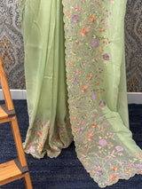 Crepe Crush chiffon organza saree with embriodery MS9702 - PistaGreen