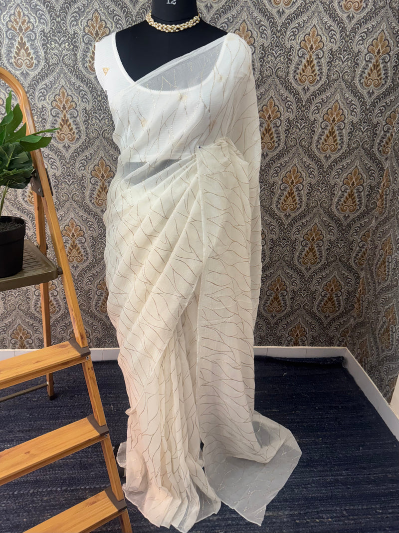 Semi organza saree  MOS8544 White