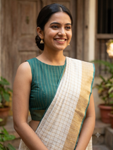 Linen cotton saree with antique zari checks MLS9766- Offwhite and RamaGreen