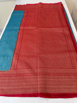 Banarasi semi katan saree with contrast border MS6665- TealBlue to Red
