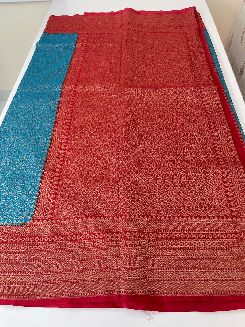 Banarasi semi katan saree with contrast border MS6665- TealBlue to Red