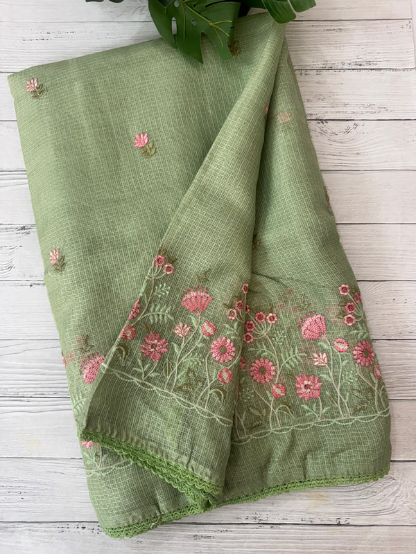 Soft kota checks saree with embroidery - SVPSNM LightGreen