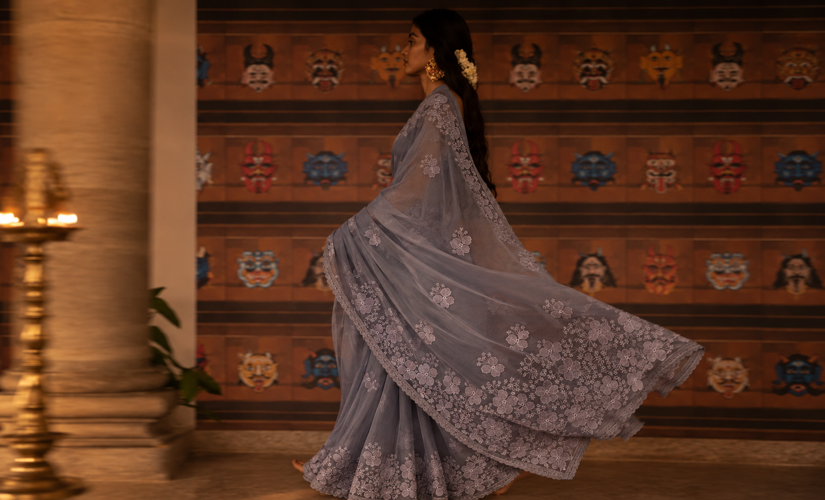 Glass tissue organza saree with embroidery MSF121 GreyishBlue(2)