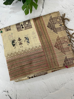 Kanta Handstitched Blended printed matka tussar silk saree MS15489