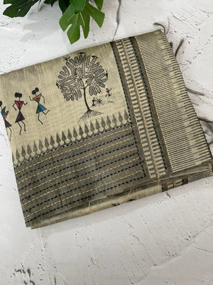 Kanta Handstitched Blended printed matka tussar silk saree MS15489