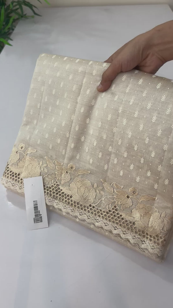 Cutwork blended tussar saree   - Cream MS5222